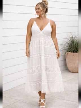 Just Love Vintage White Tiered Lace Adj. Strap Boho Maxi Dress Size 1X
